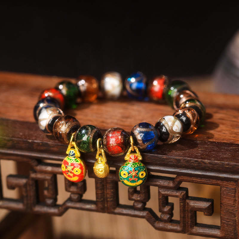 Five Elements Gold Swallowing Beast Family Charm Liuli Glass Bead Luck Bracelet