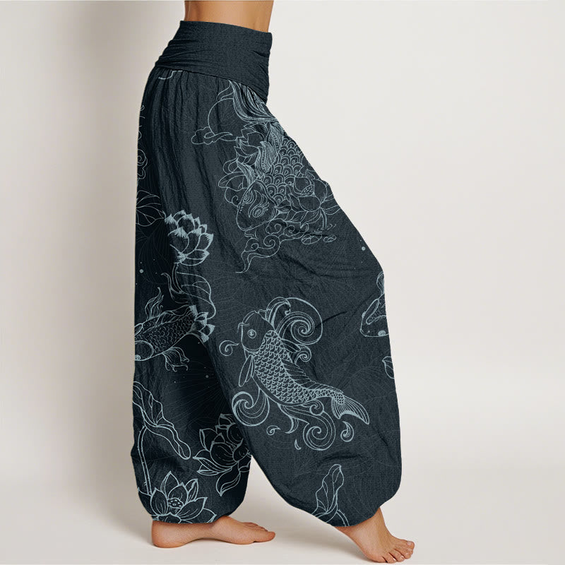 Koi Fish Auspicious Clouds Lotus Flowers Design Women's Elastic Waist Harem Pants