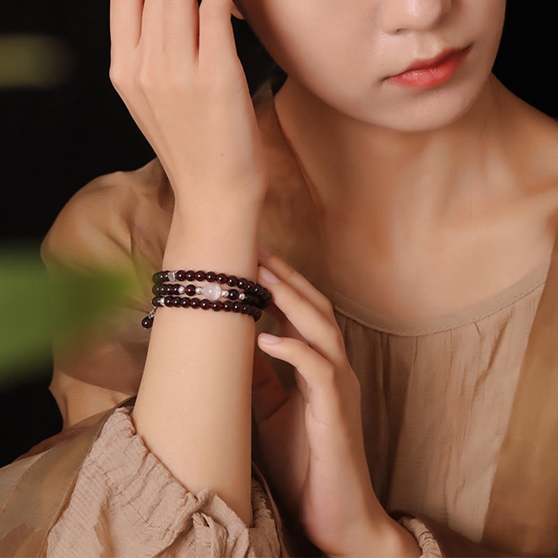 925 Sterling Silver Natural Garnet Cat Eye Protection Triple Wrap Bracelet