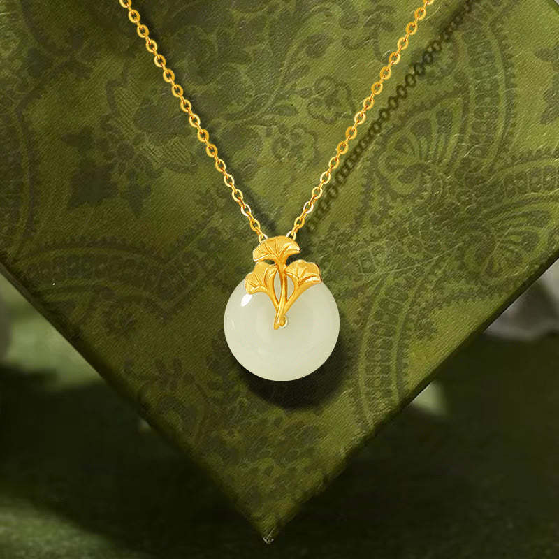 925 Sterling Silver Hetian Jade Ginkgo Leaves Prosperity Necklace Pendant