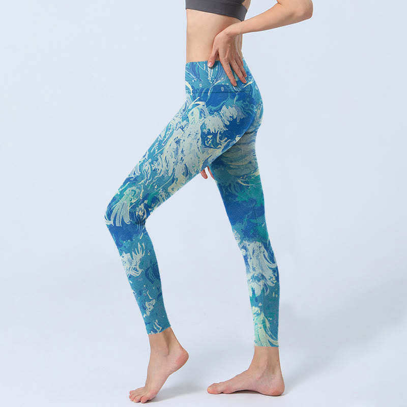 Blue Abstract Oil Paint Water Pattern Print Gym Leggings Women's Yoga Pants