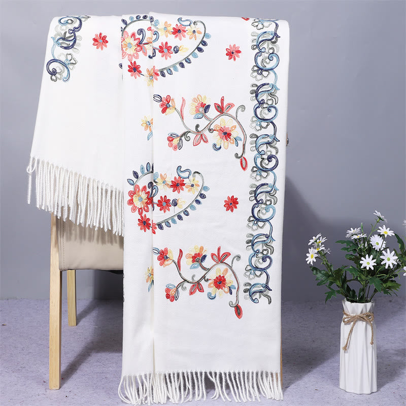 Polyester Shawl Colorful Flower Ethnic Style Embroidery Tassel Winter Cozy Travel Scarf Wrap