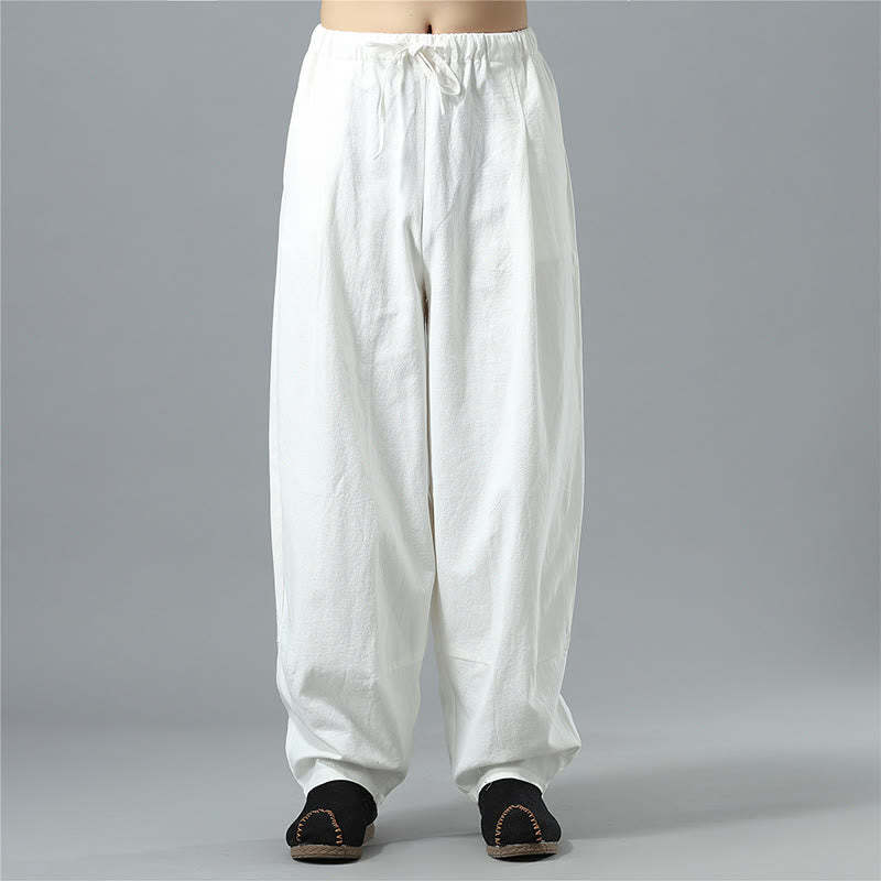 Casual Solid Color Drawstring Cotton Linen Men's Pants With Pockets