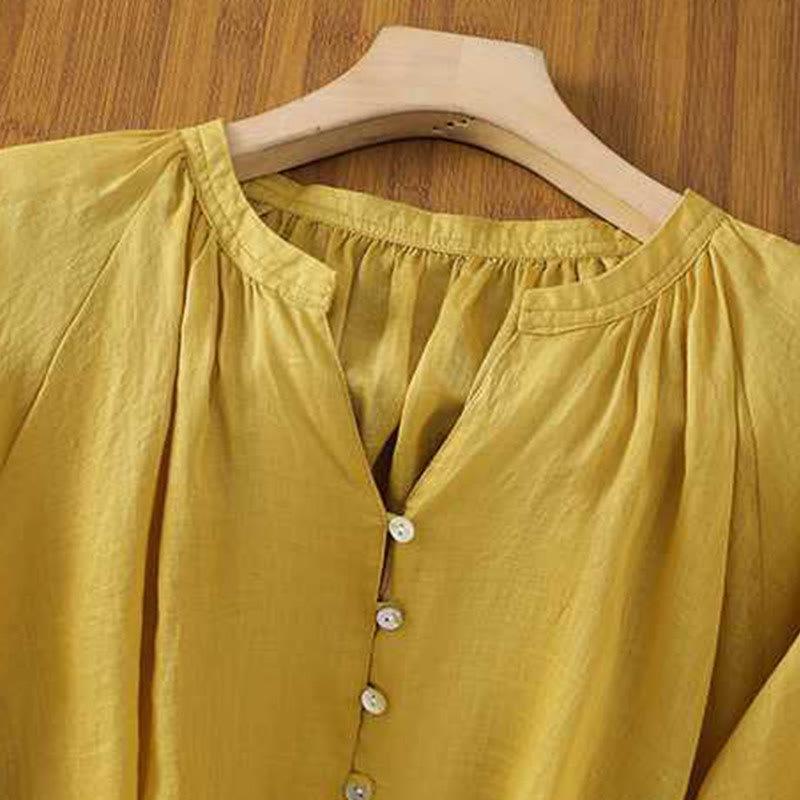 Casual Plain Women's Single Row Multi-Button V-Neck Design Three Quarter Sleeve Cotton Linen Shirt