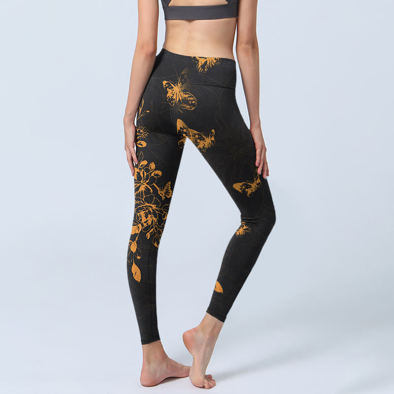 Dark Grey Butterflies Peony Flowers Print Gym Leggings Women's Yoga Pants