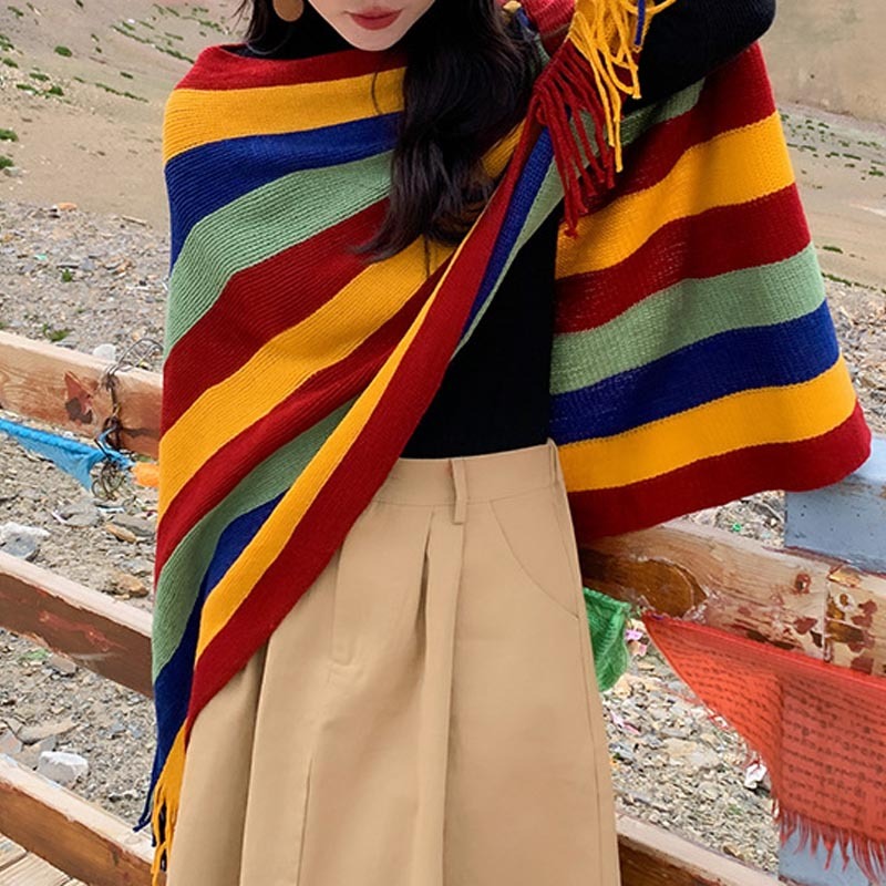 Tibetan Colorful Striped Design Shawl Tassels Pullover Winter Cozy Travel Scarf Wrap