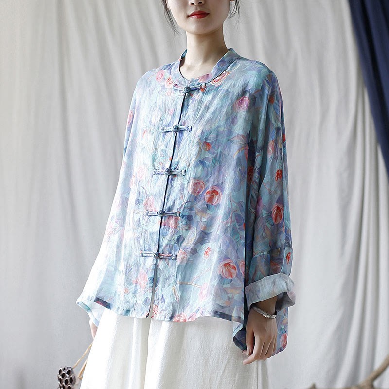 Pink Flowers Green Leaves Print Frog-button Design Long Sleeve Ramie Linen Jacket Shirt