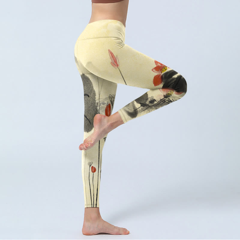 Lotus Mountains House Print Gym Leggings Women's Yoga Pants
