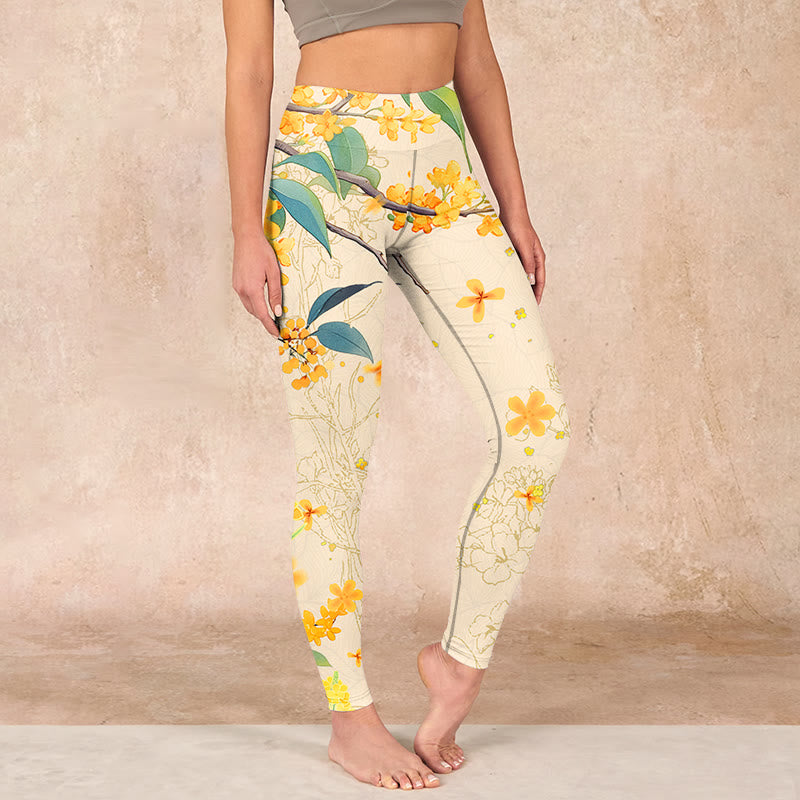 Yellow Osmanthus Fragrans Rapeseed Print Gym Leggings Women's Yoga Pants