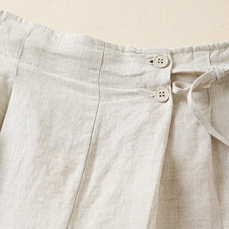 Solid Color Two Buttons Lace-up Cotton Linen Women's Shorts With Pockets