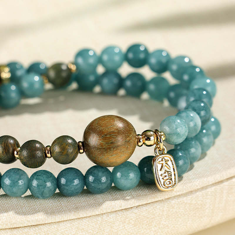 Blue Chalcedony Green Sandalwood Small Leaf Red Sandalwood Double Wrap Emotional Balance Bracelet