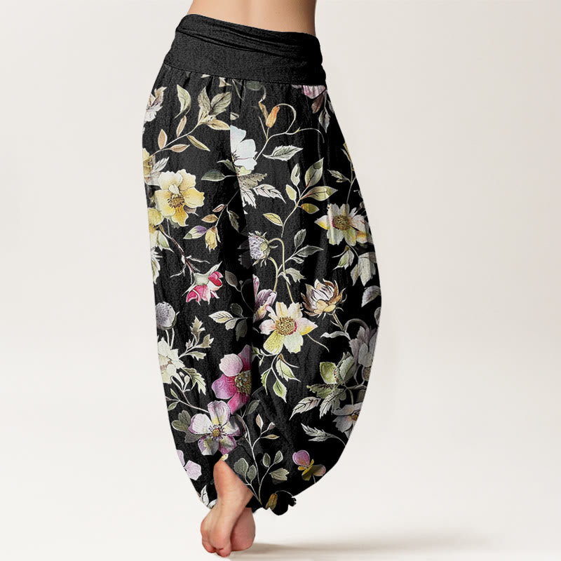 Elegant Flower Design Women's Elastic Waist Harem Pants