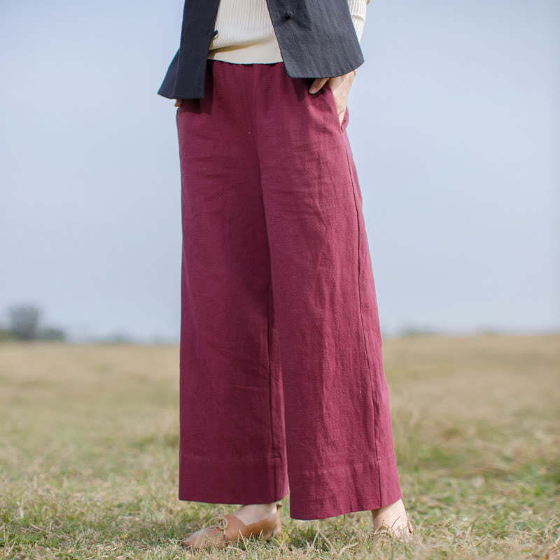 Casual Plain Loose Women's Ramie Wide Leg Pants With Pockets