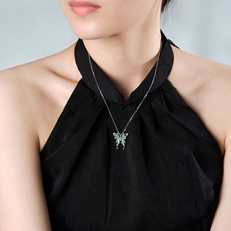 925 Sterling Silver Green Jade Butterfly Luck Necklace Pendant