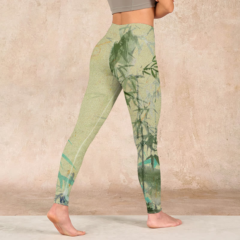 Bamboo Print Lycra Fabric Fitness Leggings Women's Yoga Pants