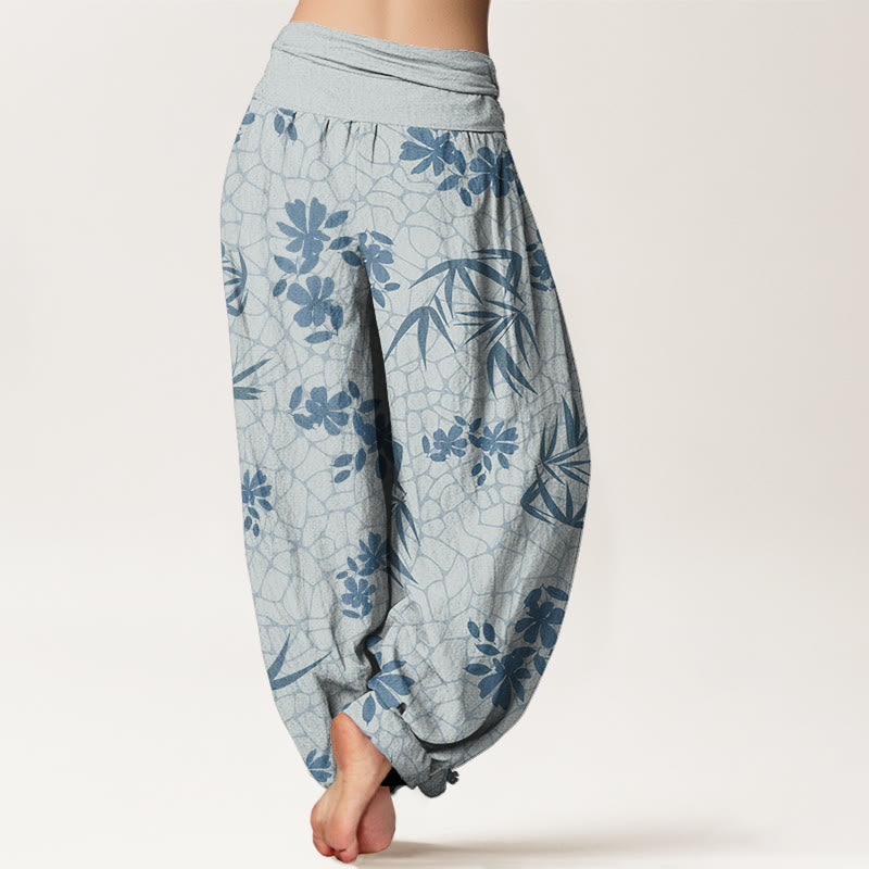 Bamboo Flowers Pattern Women's Elastic Waist Harem Pants