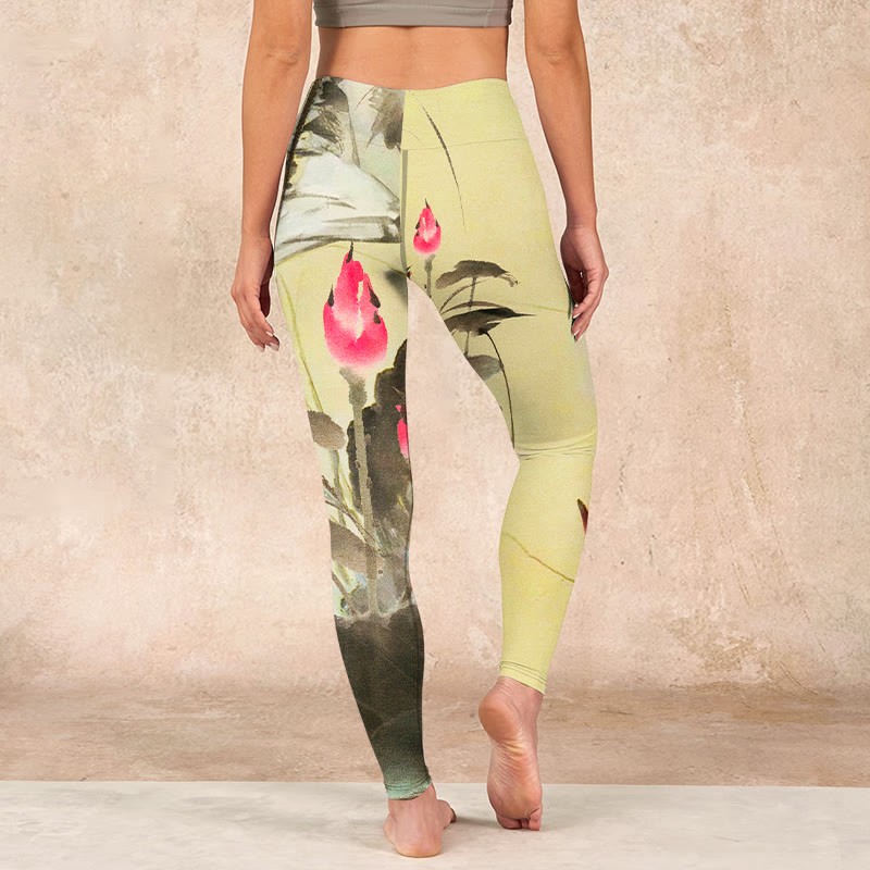 Pink Blooming And Unbloomed Lotus Print Gym Leggings Women's Yoga Pants