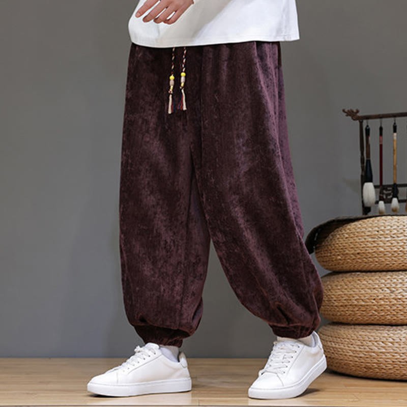 Fall Winter Men's Drawstring Chenille Harem Pants With Pockets