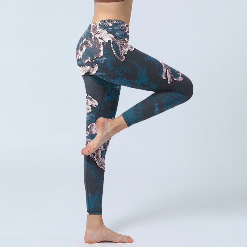 SteelBlue Silver Flowers Print Exercise Leggings Women's Yoga Pants