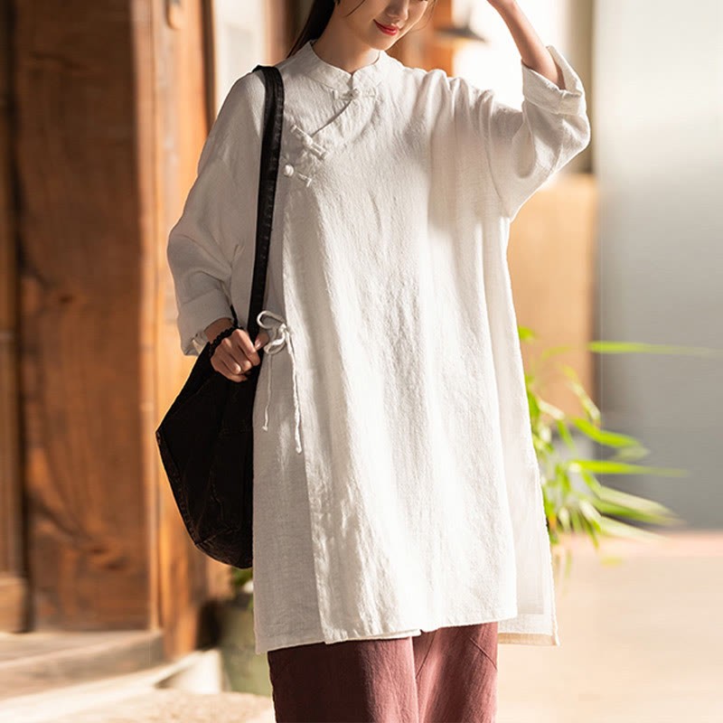 Vintage Cotton Linen Blouse Women Long Sleeve Shirt Chinese Hanfu Top