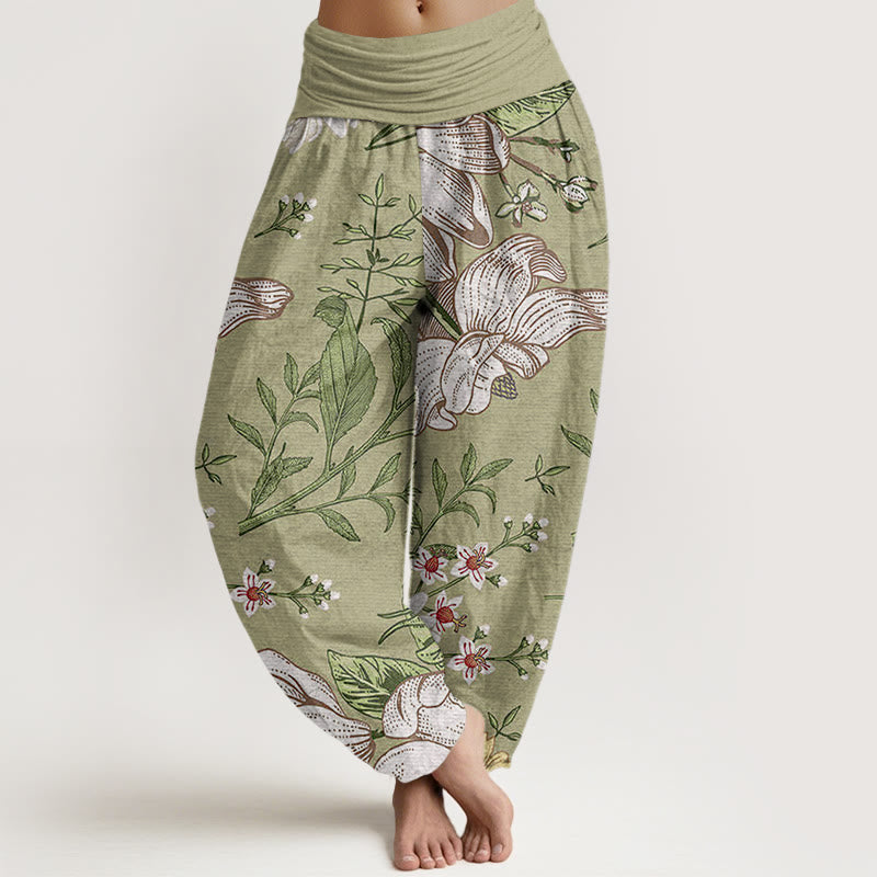 Daisy White Flowers Pattern Women's Elastic Waist Harem Pants