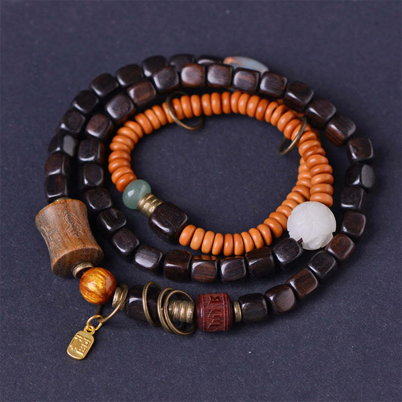 Green Sandalwood Ebony Om Mani Padme Hum Engraved Peace Triple Wrap Bracelet