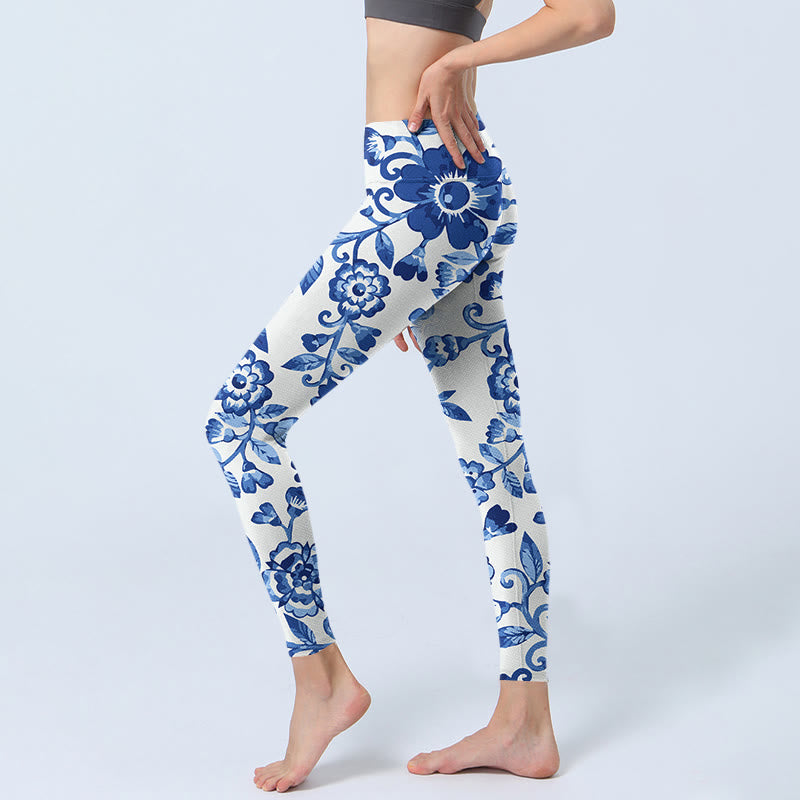 Blue Flowers Leaves Branches Print Gym Leggings Women's Yoga Pants