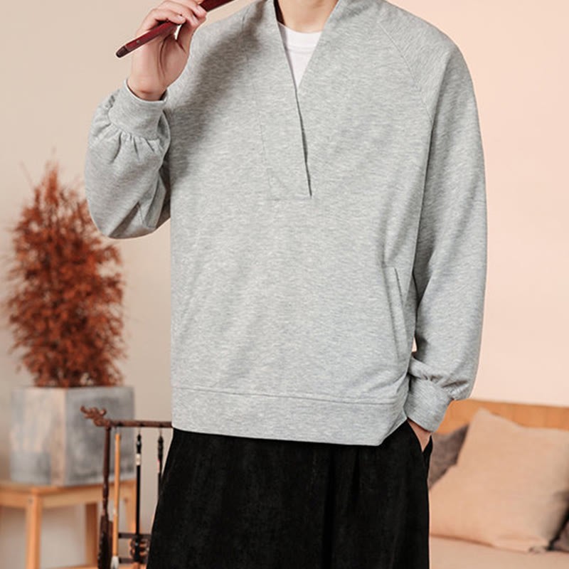 Fall Simple V-Neck Men's Sweatshirt Cotton Pullover With Pockets