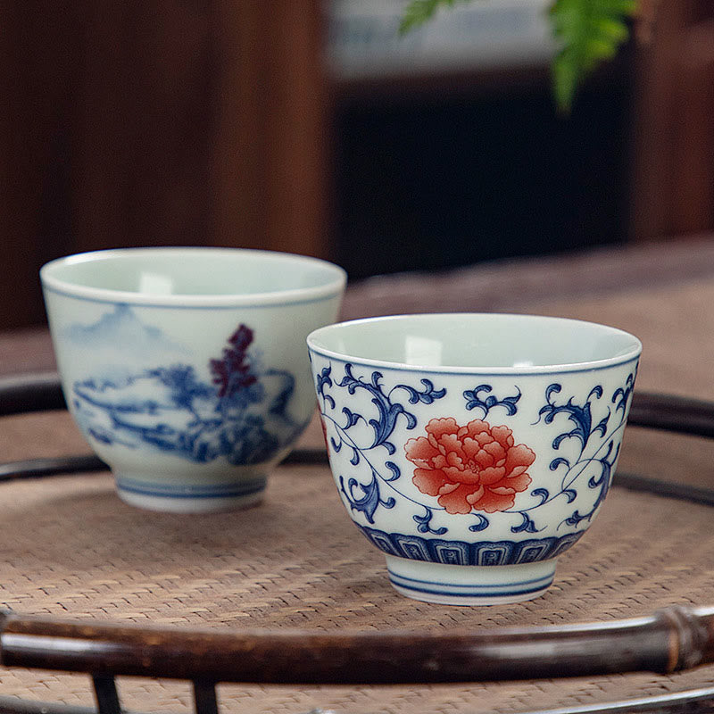 Blue Landscape Mountains Lotus Cute Cat Pavilions Magnolia Reed Egrets Ceramic Teacup Small Kung Fu Tea Cup