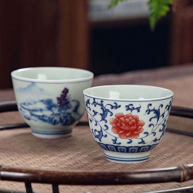 Blue Landscape Mountains Lotus Cute Cat Pavilions Magnolia Reed Egrets Ceramic Teacup Small Kung Fu Tea Cup