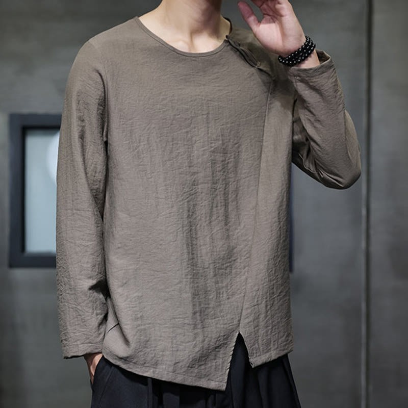 Fall Solid Round Neck Long Sleeve T-Shirt Cotton Men Clothing