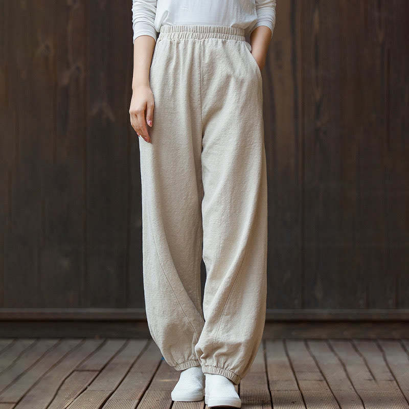 Casual Solid Plain Color Carrot Elastic Waistband Cotton Ramie Women's Pants With Pockets