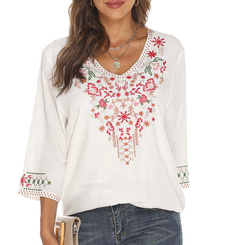 Summer Embroidery Flower Simple Design Three Quarter Sleeve V-neck Cotton Women's T-Shirt