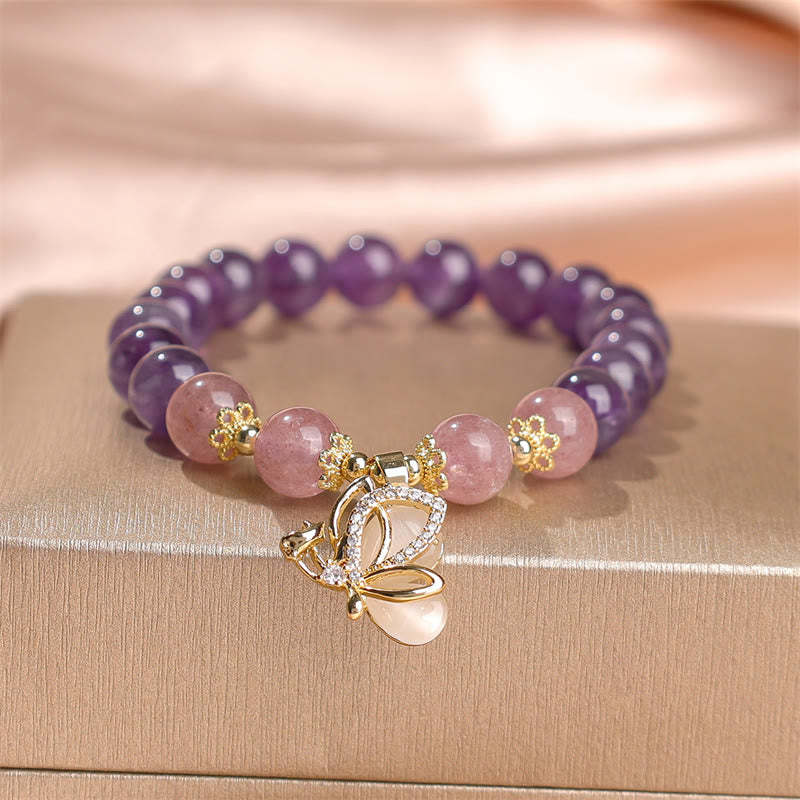 Natural Amethyst Strawberry Quartz Crystal Healing Butterfly Charm Bracelet
