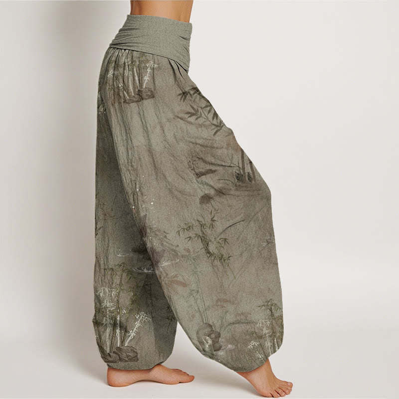 Casual Bamboo Rock Ink Painting Women's Elastic Waist Harem Pants