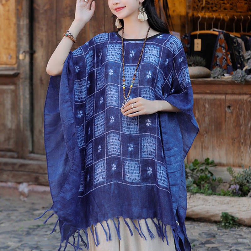 Blue Color Block Plaid Shawl Tassels Soft Pullover 90*95cm