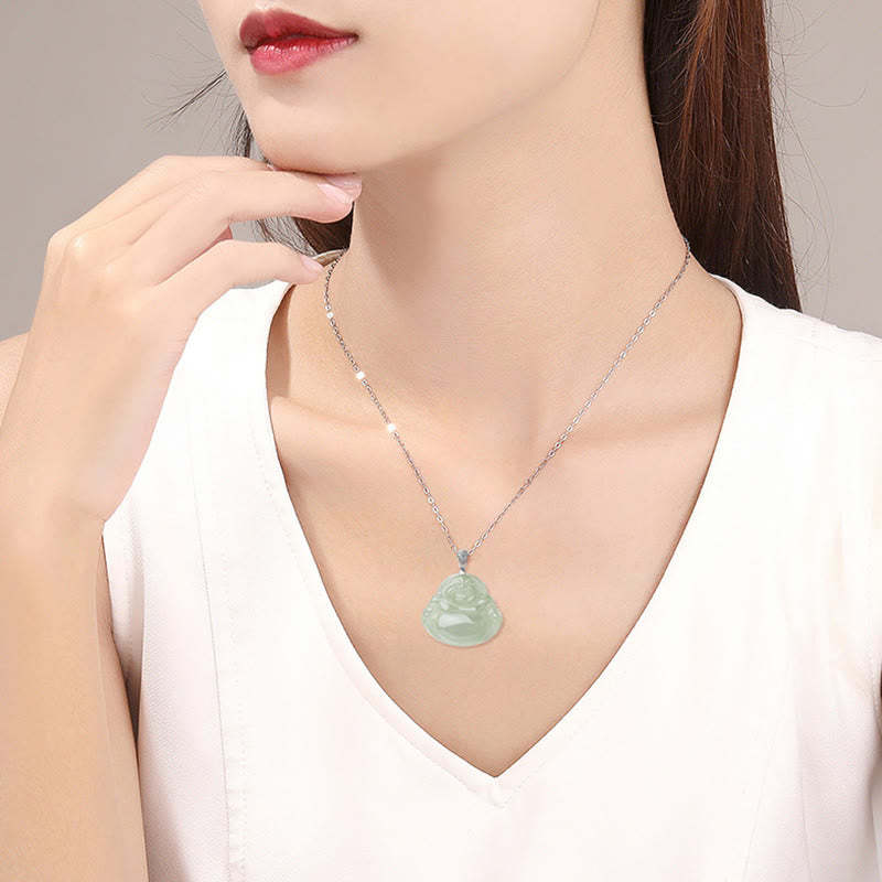 925 Sterling Silver Natural Jade Laughing mystic zen Prosperity Abundance Chain Necklace Pendant