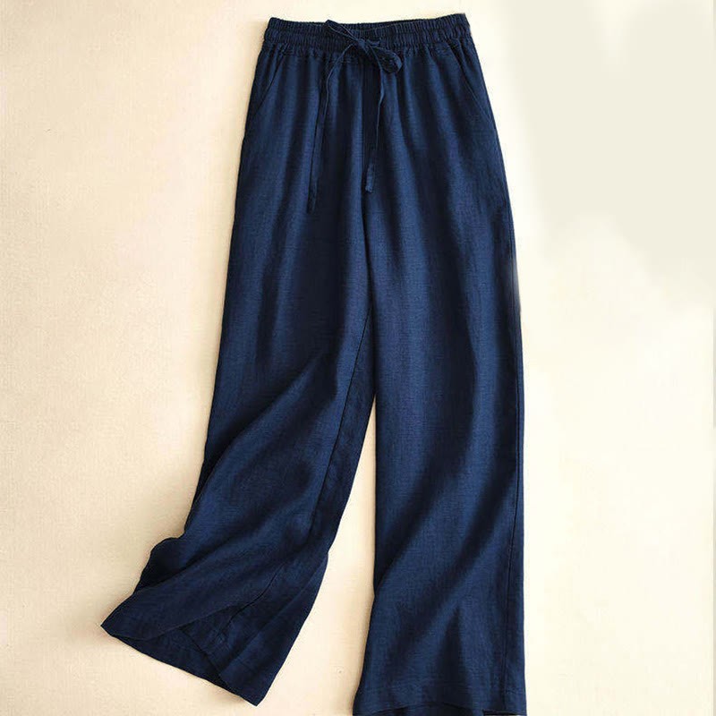 Casual Cotton Linen High Waist Lace-up Wide Leg Pants With Pockets