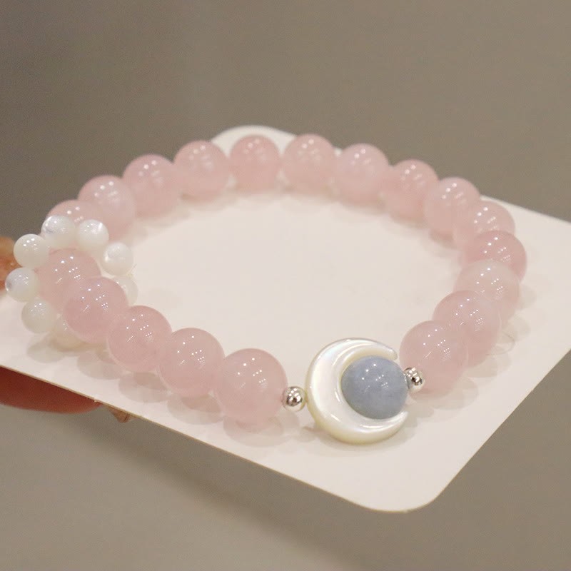 925 Sterling Silver Natural Amethyst Aquamarine Pink Crystal Cat's Eye Healing Crescent Moon Bracelet