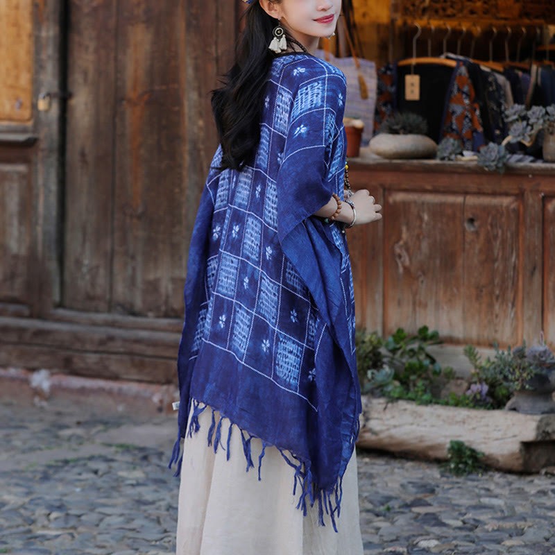 Blue Color Block Plaid Shawl Tassels Soft Pullover 90*95cm
