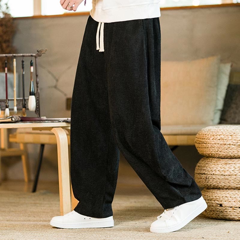 Fall Winter Men's Drawstring Corduroy Harem Pants With Pockets