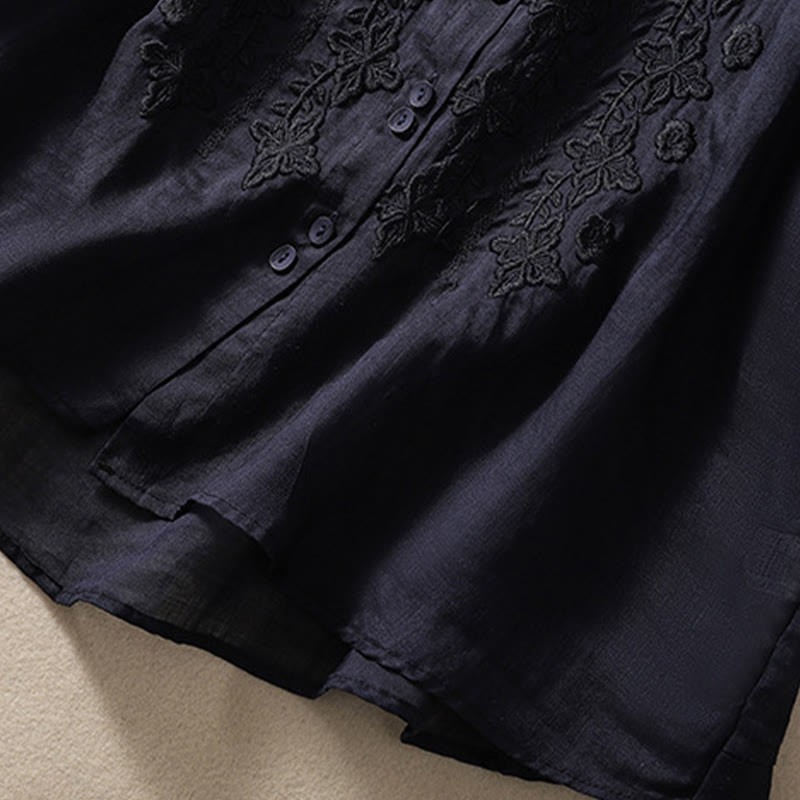 Summer Plain Button Embroidery Flower Pattern Three Quarter Sleeve Lapel Cotton Linen Women's Shirt