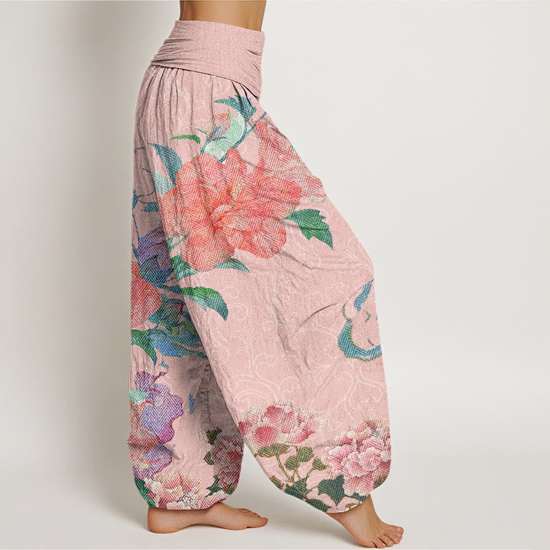 Casual Bright Peony Flower Grass Women's Elastic Waist Harem Pants