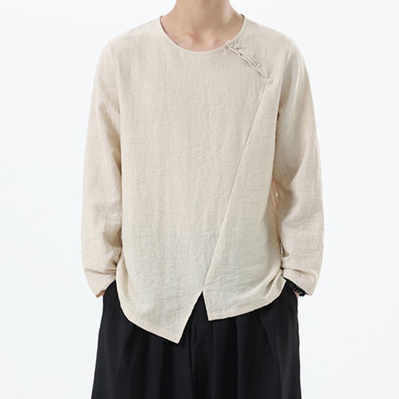 Men's Long Sleeve Round Collar Comfort Cotton Linen Shirt