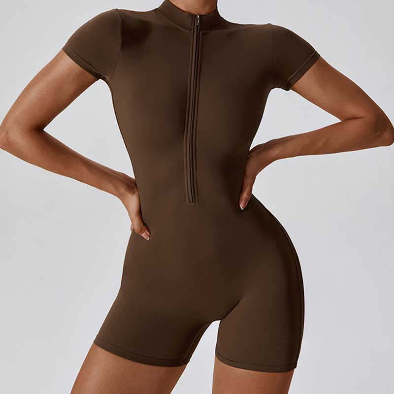 High Stretch Zipper Short Sleeve Jumpsuit Sports Fitness Yoga Women Bodysuit