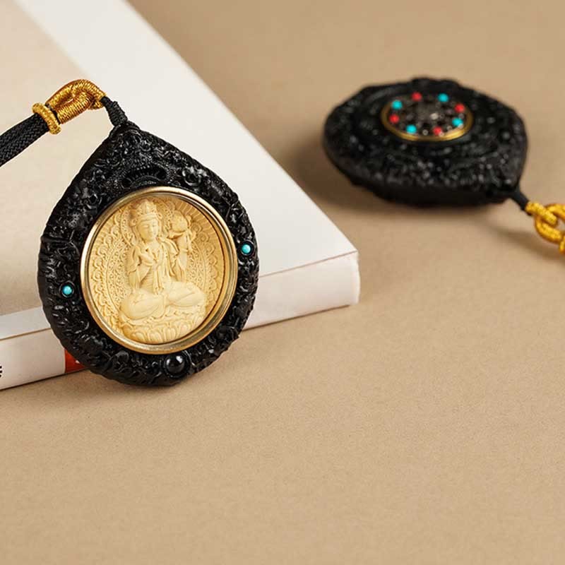 Chinese Zodiac Avalokitesvara Small Leaf Red Sandalwood Ebony Longevity Necklace Pendant