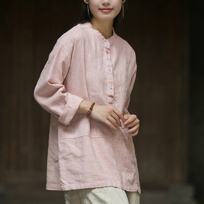 Solid Color Long Sleeve Ramie Linen Half Button Women's Shirt