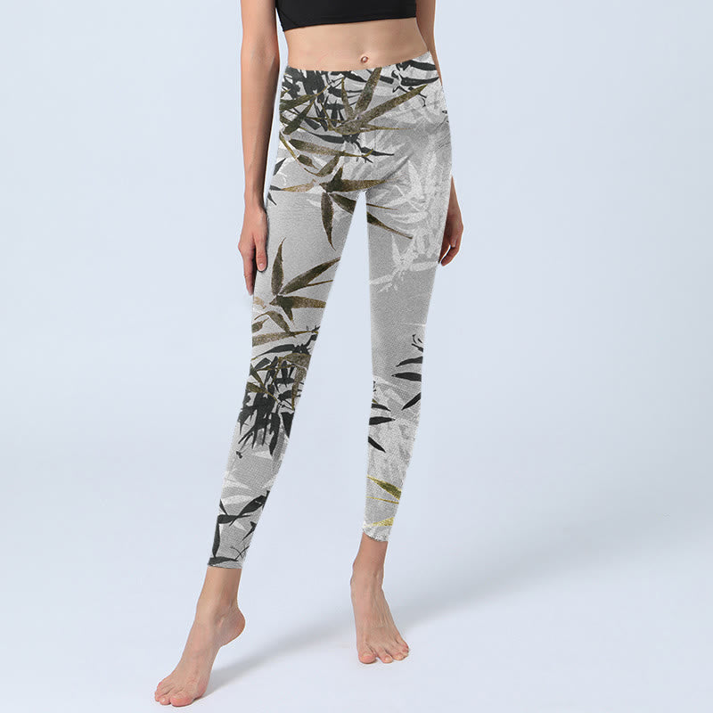 Dark Gray Bamboo Leaves Print Gym Leggings Women's Yoga Pants