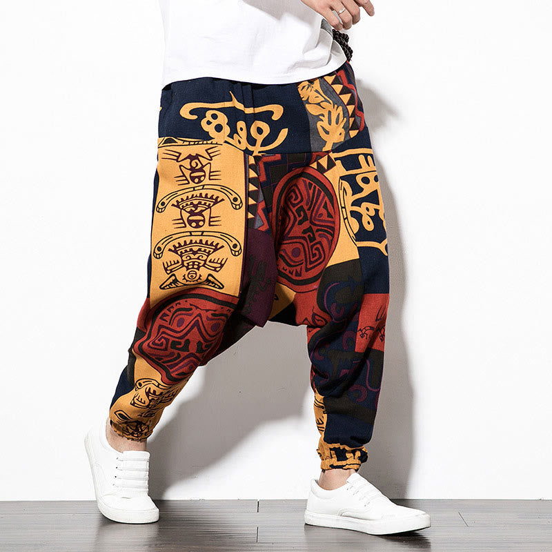 Red Brown Graffiti Bird Print Cotton Men's Harem Pants With Pockets