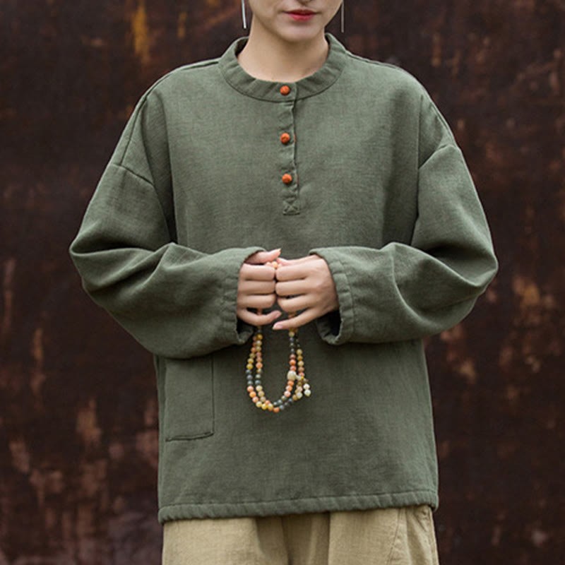 Retro Solid Color Thermal Long Sleeve Ramie Linen Women's Shirt